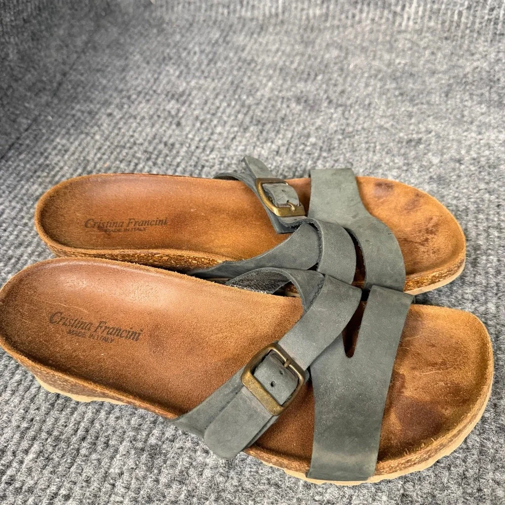 Cristina Francini Italian Leather Wedge Sandals Womens 8.5 Dark Grey Cork Slide